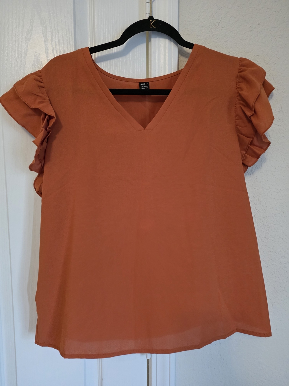 SHEIN Rust Orange V-Neck Ruffle Sleeve Blouse